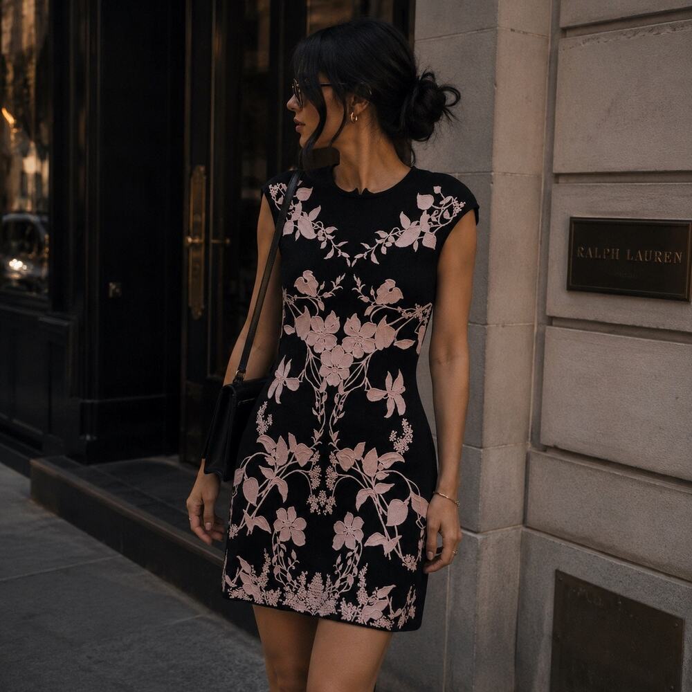 Alexander McQueen Black Pink Floral Knit Cocktail Bodycon Mini Dress Size Small